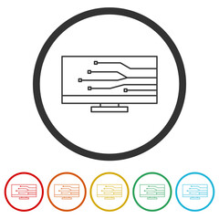 Tech monitor icon. Set icons in color circle buttons