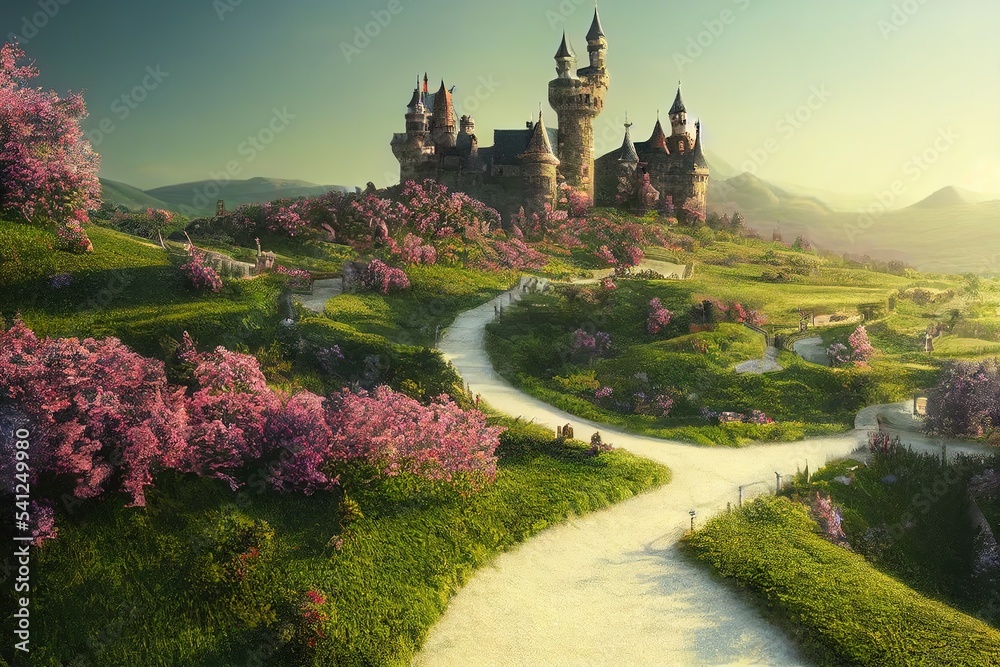 Poster white road to the castle on the hill, green lawns with small blooming flowers under a clear sky 3d i