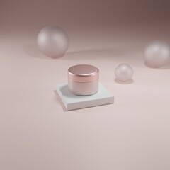 Cosmetics jar for cream mock up banner. Cosmetic beauty product package, luxury makeup container, empty bottle design isolated on beige background. Realistic 3d illustration