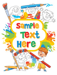 Coloring book cover concept art. Black and white children paint each other with paint in different colors. Colorful cartoon characters. Funny vector illustration. Isolated on white background