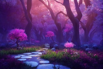 Waldlandschaft mit Bäumen und Sträuchern mit violettem Licht, mit Pflanzen und Steinweg 3D-Darstellung