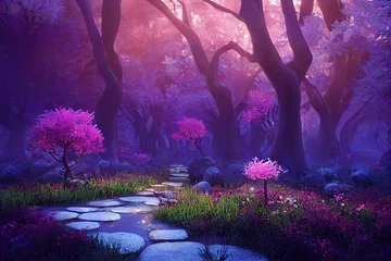  Forest landscape with trees and bushes with purple light, with plants and stone path 3d illustration © Zaleman