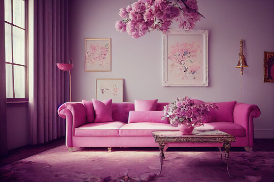 Pink Room For Little Cute Princess, Elegant Pink Furniture With Floral Pattern 3d Illustration