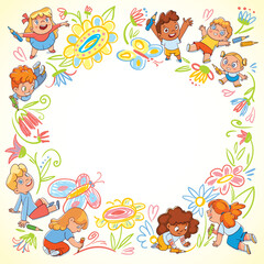 Children draw scribbles on the floor with colored crayons. Kids template for your design. Colorful cartoon characters. Funny vector illustration. Isolated on white background