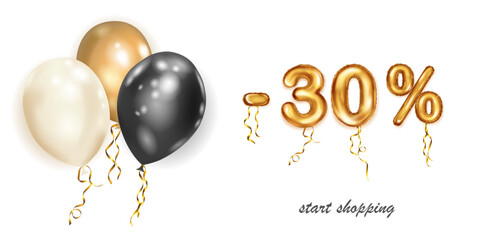 Discount creative illustration with white, black and gold helium flying balloons and golden foil numbers. 30 percent off. Sale poster with special offer on white background