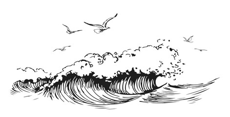Birds fly over the sea. Seascape with waves, seagulls. Travel concept. Hand drawn landscape in vintage engraving style © ~ Bitter ~