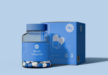 Pills Bottles and Box Packaging Mockup