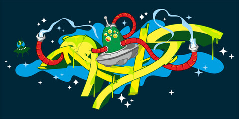 Abstract Word Mals Graffiti Style Font Lettering With Alien Piloting A Flying Saucer Spaceship Vector Illustration