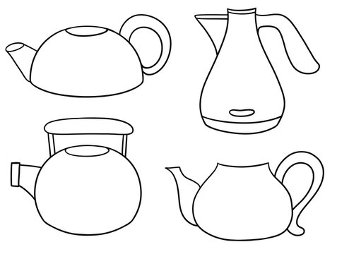 Monochrome Set of illustrations of various teapots for tea or coffee, in cartoon