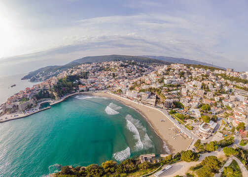 Amazing view on Ulcinj town in Montenegro. Clock Tower of Ulcinj Sahat Kulla. Lami Mosque. Ulcinj is a popular tourist destination in the summer on the southern Adriatic coast of Montenegro. Ulqin