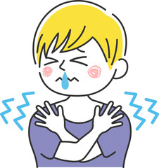 寒くて震える、鼻水が出ている、白人男性のイラスト