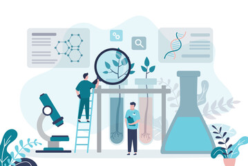 Scientist with magnifying glass studying molecular composition of new plant. Botanists analyze DNA and create new species