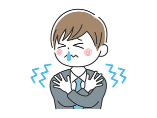 寒くて震える、鼻水が出ている、ビジネスマンのイラスト