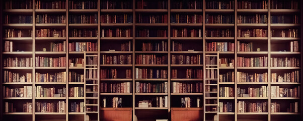 Bookshelves in the library with old books. 3d illustration - obrazy, fototapety, plakaty