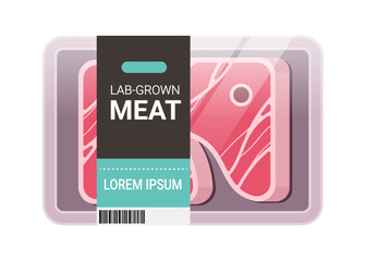 cultured raw red meat pack plastic tray container steak made from animal cells artificial lab grown meat production concept