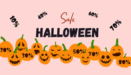 Halloween Sale banner. Vector flat pumpkins with scary glowing faces. Design for poster, banner, flyer.