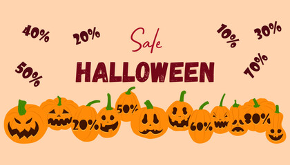 Halloween Sale banner. Vector flat pumpkins with scary glowing faces. Design for poster, banner, flyer.