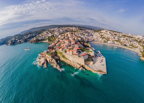 Amazing view on Ulcinj town in Montenegro. Clock Tower of Ulcinj Sahat Kulla. Lami Mosque. Ulcinj is a popular tourist destination in the summer on the southern Adriatic coast of Montenegro. Ulqin
