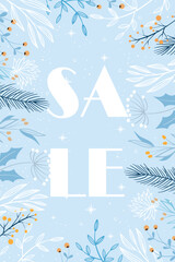 Winter sale banner, snowflakes, plants, leaves, twigs blue background, blue, blue, red, white