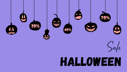Halloween Sale banner. Vector flat pumpkins with scary faces. Design for poster, banner, flyer.