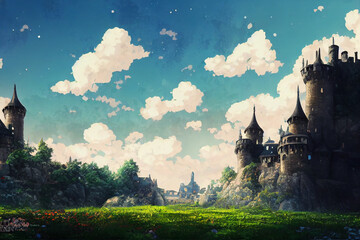 Illustration of nature landscape with wide-open fields of green grass and blue sky. Calm and peaceful RPG environment