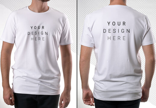Front and Back of an Editable Tee-Shirt Worn by an Unrecognizable Model on Customizable Background
