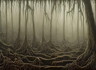 Obraz premium Landscape Autumn Sun Sunset Lake Woods Trees Water Grass Tree Mist Texture Nature Misty Wood Light Summer Green Fog Illustration Park Forest