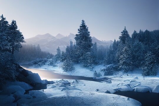 Winter landscape with white mountains, snow and firs on the river bank 3d illustration