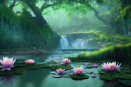 Waterfall on a forest lake with water lilies on a summer day 3d illustration