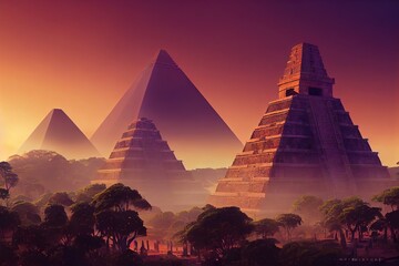 Ancient pyramids among the rainforest under the sky at sunset 3d illustration - obrazy, fototapety, plakaty