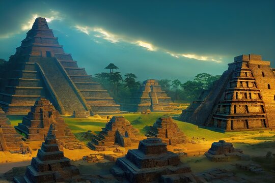 Ancient pyramids among the rainforest and green grass under the blue sky 3d illustration
