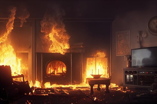 Fire flames engulfed the house and clouds of black smoke inside a burning room with a blazing TV and thick smoke covering the furniture 3d illustration