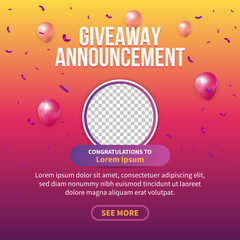 Giveaway announcement post for social media with balloons and confetti 