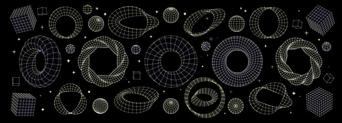 Abstract grid shapes. Mobius strip wireframe, twisted donut mesh, 3D sphere and cube shape vector set