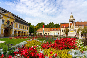 Beautiful coloful city center of Esztergom Hungary with flowers