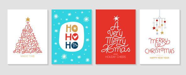 Set of christmas and happy new year greeting cards with lettering calligraphy decorative ornament elements