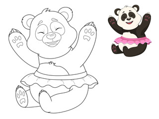Cute coloring page - happy panda in a beautiful pink skirt.
Cartoon children's illustration.