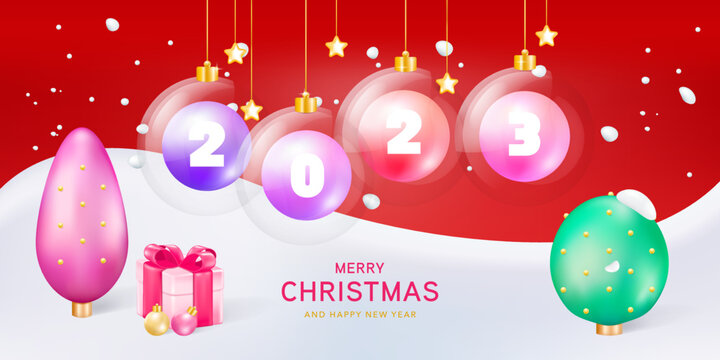 2023 Happy New Year. Pastel Metallic Number In Glossy Bubble Ball. Christmas Decoration. Realistic 3d Render Podium And Fancy Ball. Celebrate Party 2023.