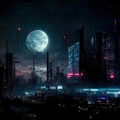 AI-generated illustration of a big round moon over a dark city - obrazy, fototapety, plakaty