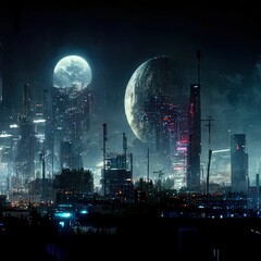 AI-generated illustration of a big round moon over a dark city - obrazy, fototapety, plakaty