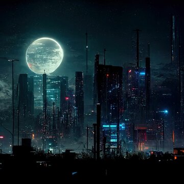 AI-generated illustration of a big round moon over a dark city