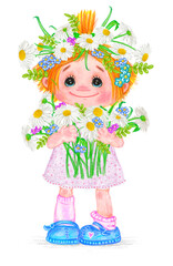 A little girl is holding flowers in her hands, her head is wrapped in flowers.