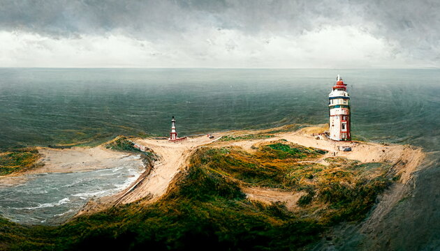 Panoramic view of a lighthouse on the coast of Sylt with sea. Digital art and Concept digital illustration.