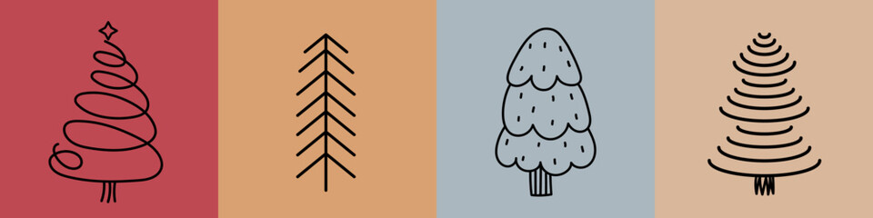 Set of Christmas trees made in a linear style on a colored background