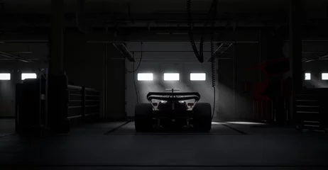 Foto op Canvas Back view silhouette of a modern generic sports racing car standing in a dark garage on a pit lane, cinematic lighting. Realistic 3d rendering © supamotion