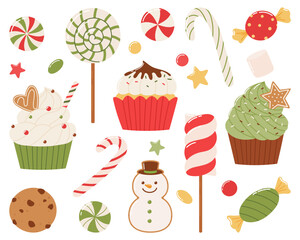 Christmas sweets set. Cakes, sweets, gingerbread and lollipops on a white background.