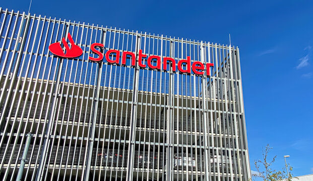 M&ouml;nchengladbach, Germany - October 9. 2022: Modern parking garage with logo lettering of santander bank