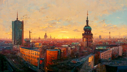 Panoramic view of Berlin at sunset. Digital art and Concept digital illustration.