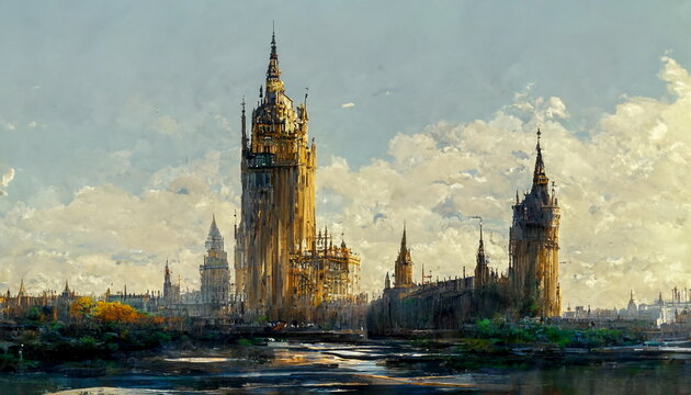 Panoramic view of the Palace of Westminster and Big Ben in United Kingdom. Digital art and Concept digital illustration.