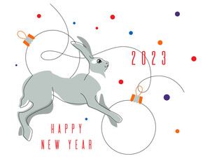 Banner with the date 2023 and a rabbit. The symbol of the Chinese New Year according to the Eastern calendar. Holiday greeting, poster with a hare. Vector illustration with animal silhouette. - 541264555